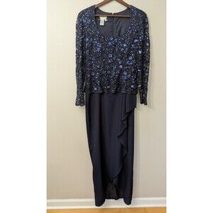 Scala Womens Gown Size 10 Formal Navy Blue Beaded Sequin Event Wedding Lace Mesh